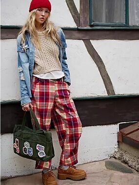 Free People Olive Green pants with Red Plaid Lining
